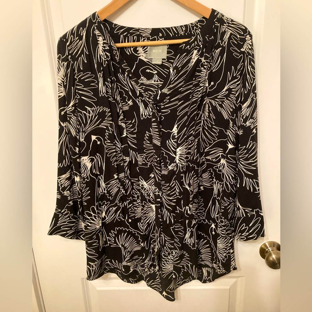 Anthropologie Maeve Black and White Button Up Blouse with Bird Print